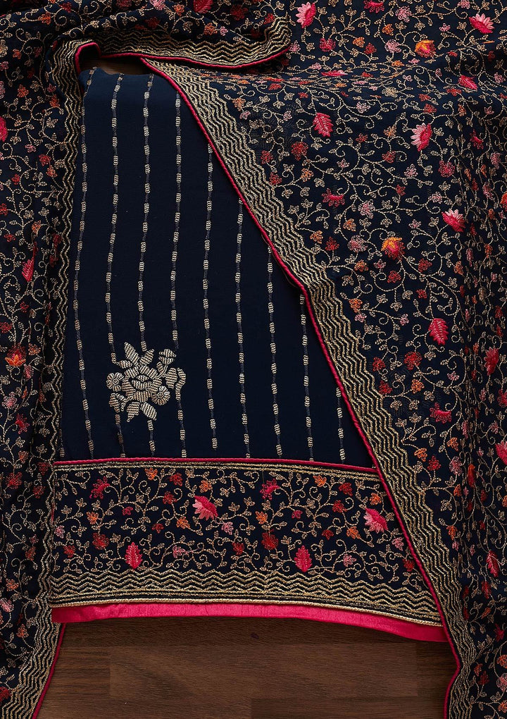 Navy Blue Sequins Georgette Designer Unstitched Salwar Suit - Koskii