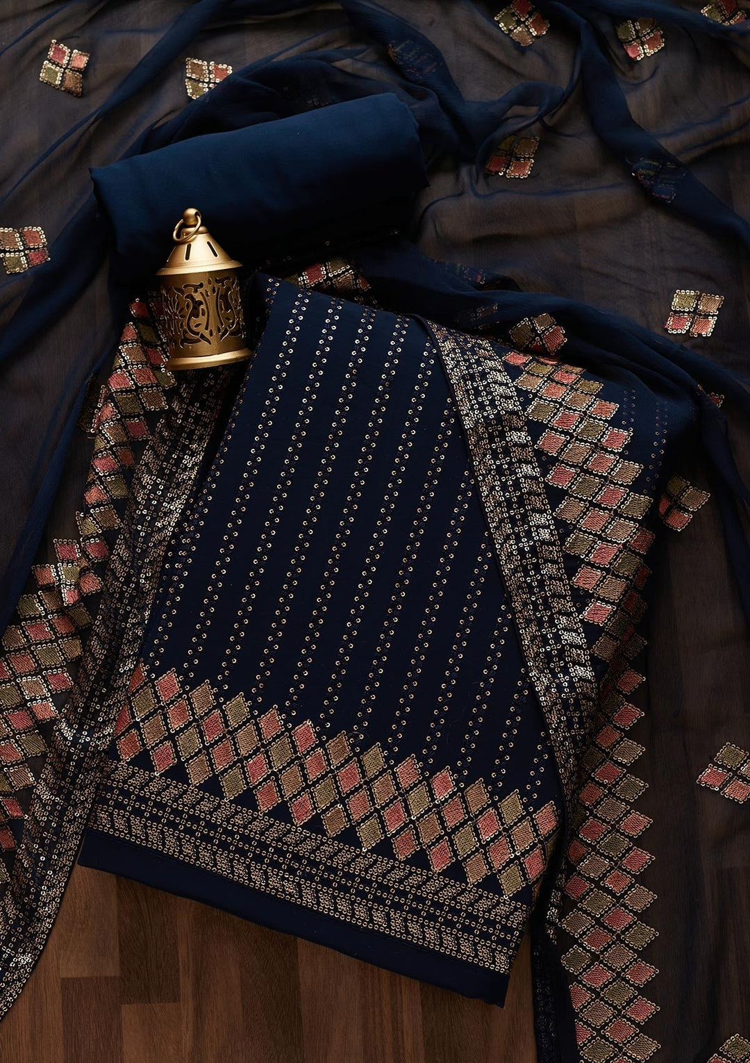 Navy Blue Sequins Georgette Designer Unstitched Salwar Suit - Koskii