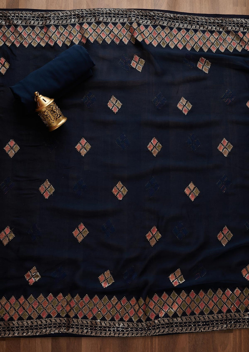 Navy Blue Sequins Georgette Designer Unstitched Salwar Suit - Koskii
