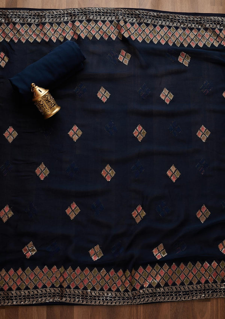 Navy Blue Sequins Georgette Designer Unstitched Salwar Suit - Koskii