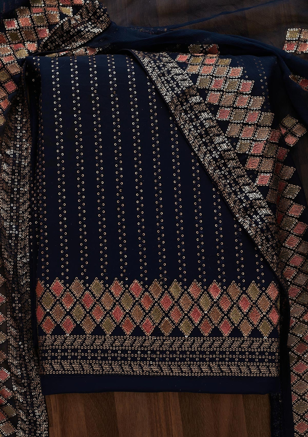 Navy Blue Sequins Georgette Designer Unstitched Salwar Suit - Koskii