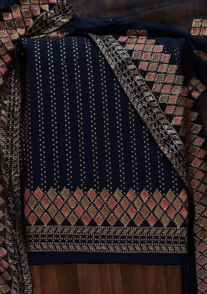Navy Blue Sequins Georgette Designer Unstitched Salwar Suit - Koskii