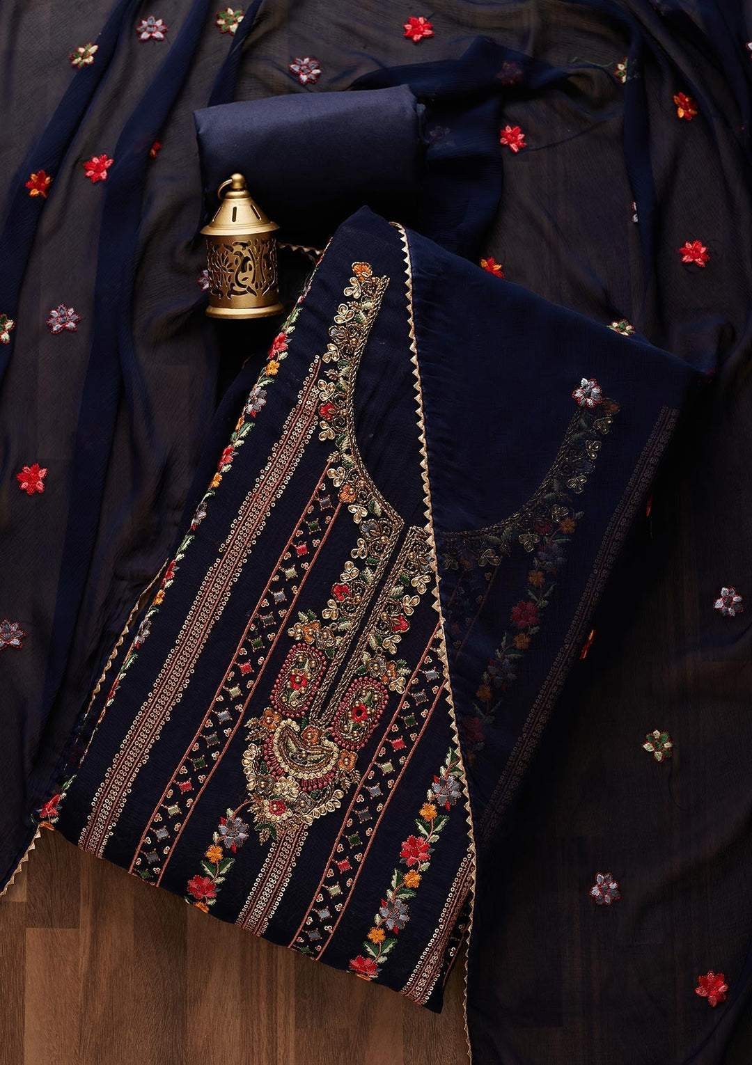 Navy Blue Sequins Georgette Designer Unstitched Salwar Suit - Koskii