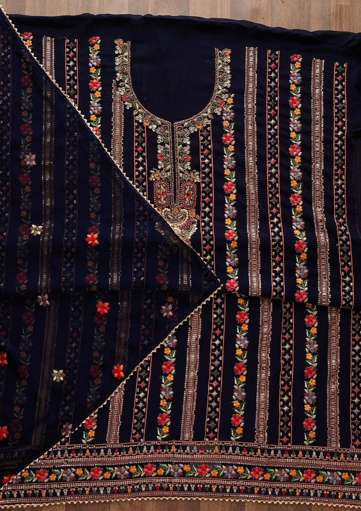 Navy Blue Sequins Georgette Designer Unstitched Salwar Suit - Koskii