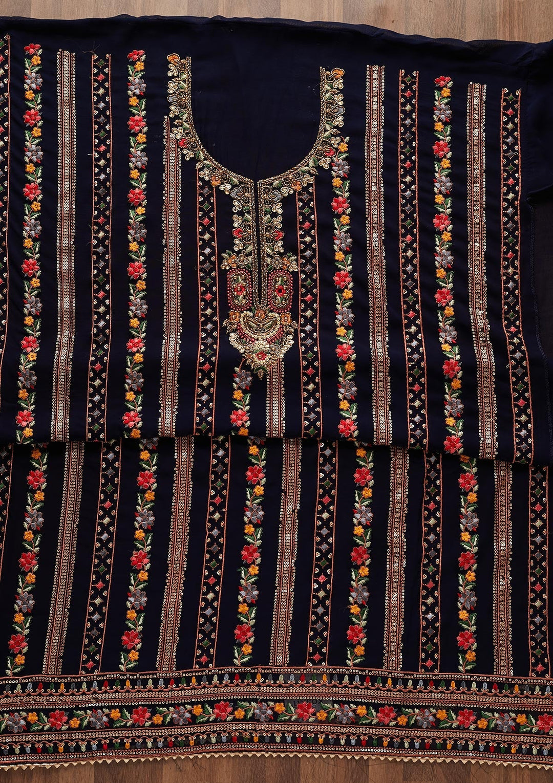 Navy Blue Sequins Georgette Designer Unstitched Salwar Suit - Koskii