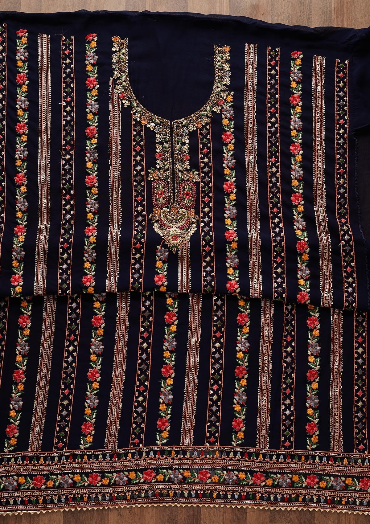 Navy Blue Sequins Georgette Designer Unstitched Salwar Suit - Koskii