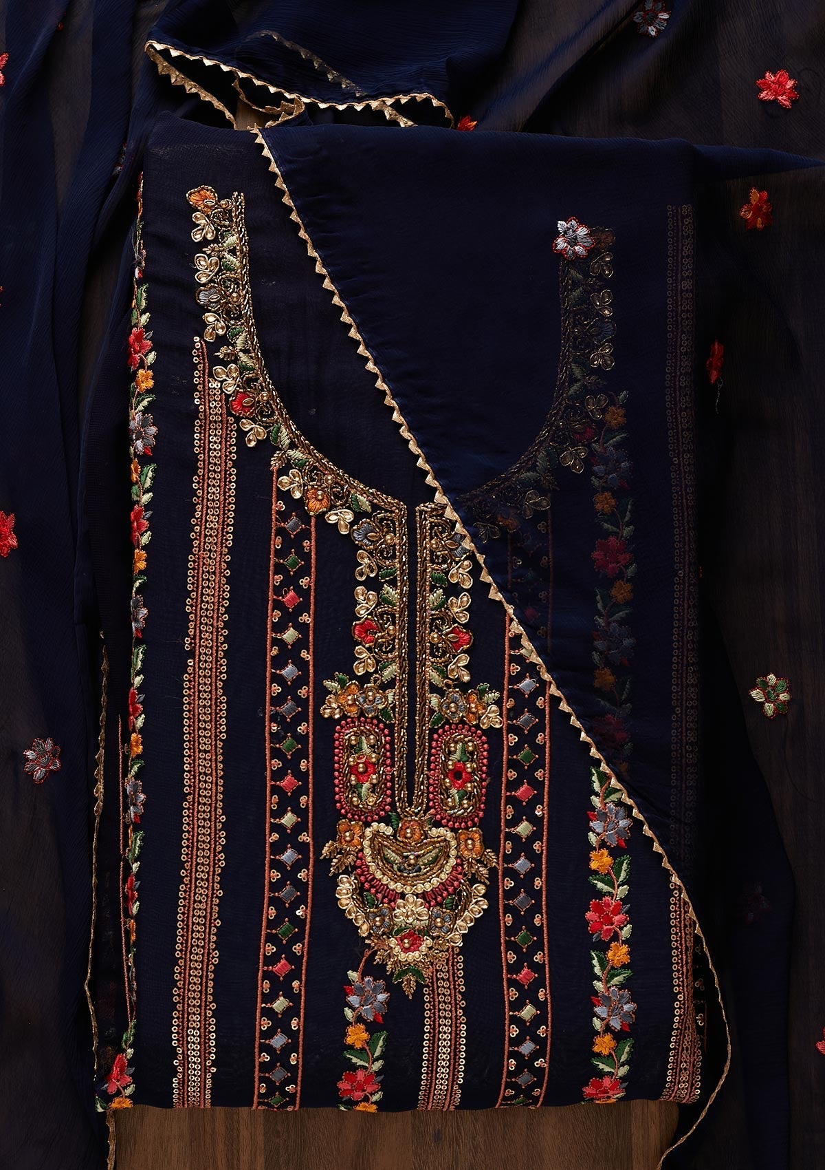 Navy Blue Sequins Georgette Designer Unstitched Salwar Suit - Koskii