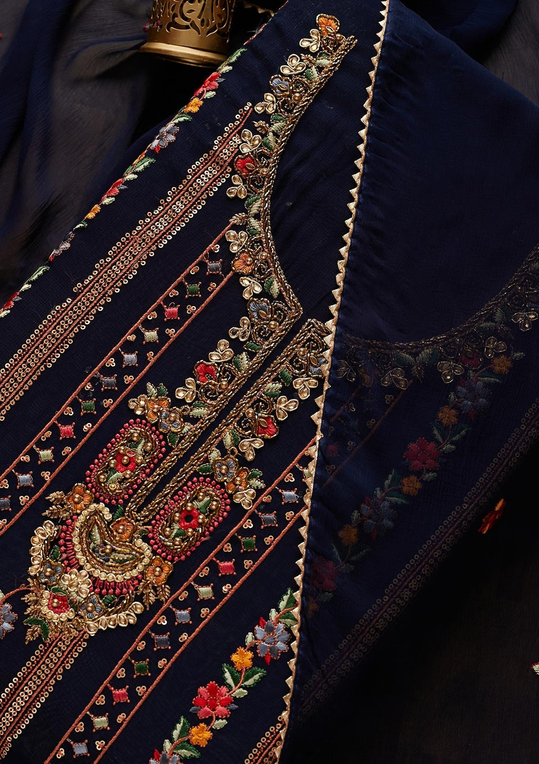 Navy Blue Sequins Georgette Designer Unstitched Salwar Suit - Koskii