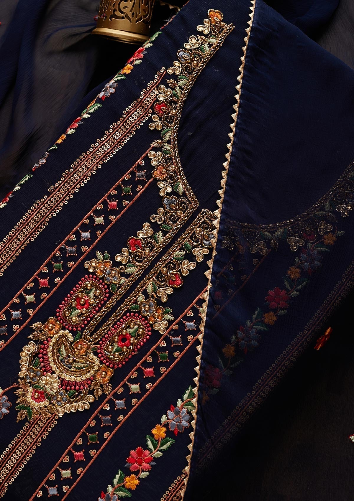 Navy Blue Sequins Georgette Designer Unstitched Salwar Suit - Koskii