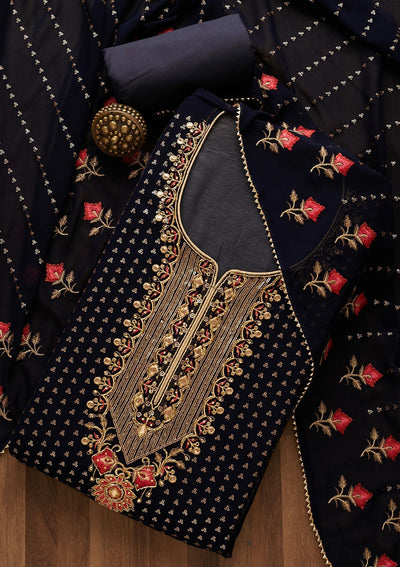 Navy Blue Sequins Georgette Unstitched Salwar Suit-Koskii