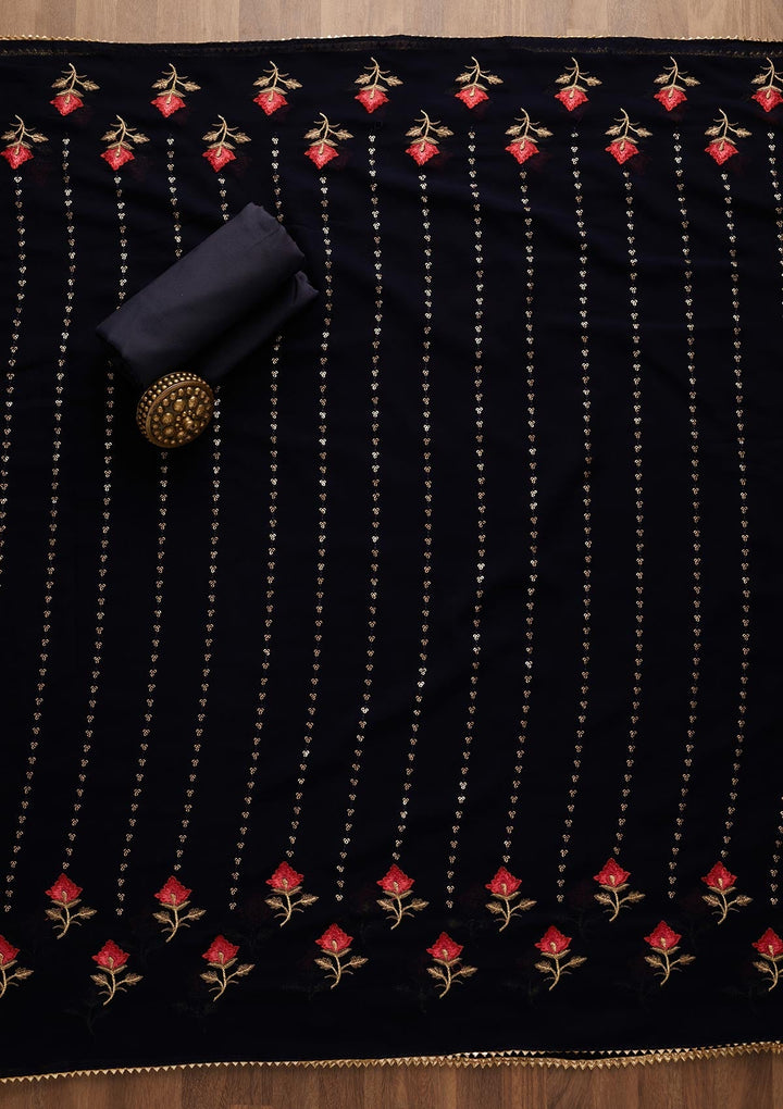 Navy Blue Sequins Georgette Unstitched Salwar Suit-Koskii