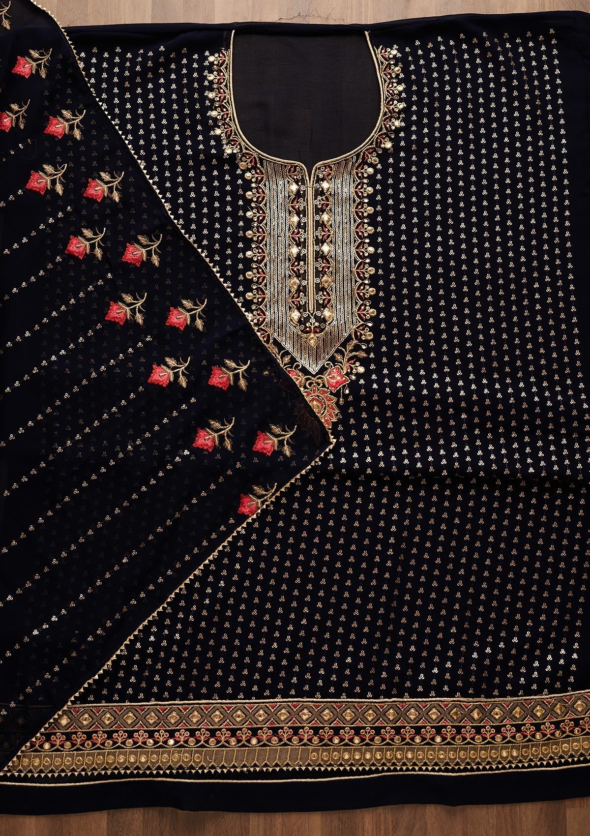 Navy Blue Sequins Georgette Unstitched Salwar Suit-Koskii