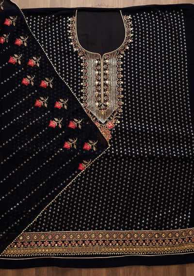 Navy Blue Sequins Georgette Unstitched Salwar Suit-Koskii