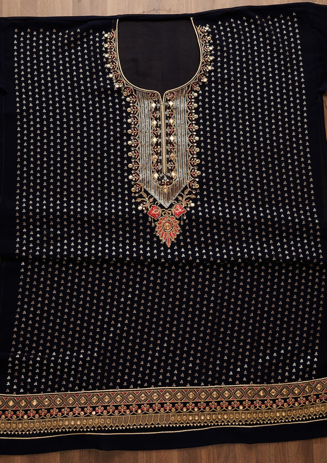 Navy Blue Sequins Georgette Unstitched Salwar Suit-Koskii