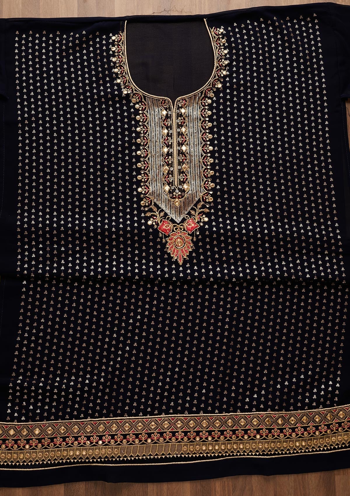 Navy Blue Sequins Georgette Unstitched Salwar Suit-Koskii