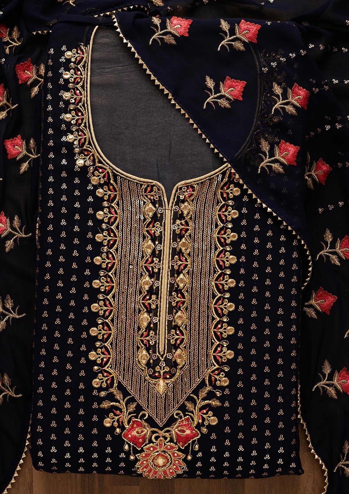 Navy Blue Sequins Georgette Unstitched Salwar Suit-Koskii