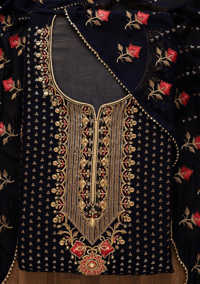 Navy Blue Sequins Georgette Unstitched Salwar Suit-Koskii