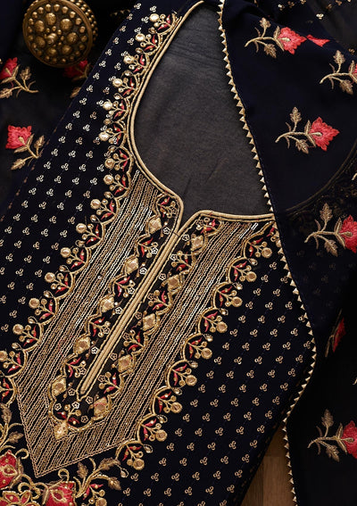 Navy Blue Sequins Georgette Unstitched Salwar Suit-Koskii