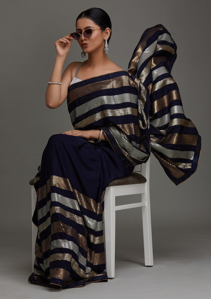 Navy Blue Sequins Georgette Saree- Koskii