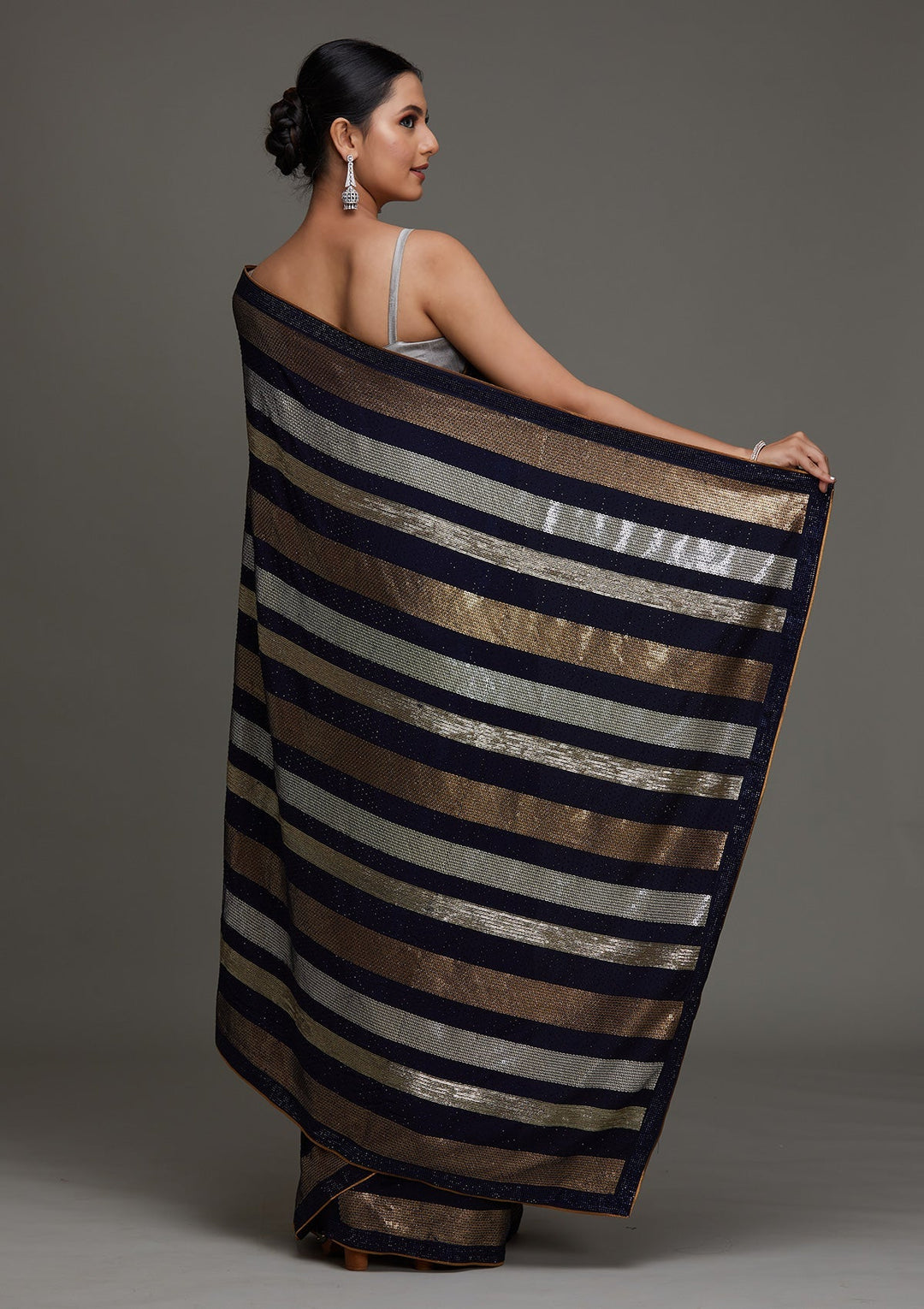 Navy Blue Sequins Georgette Saree - Koskii