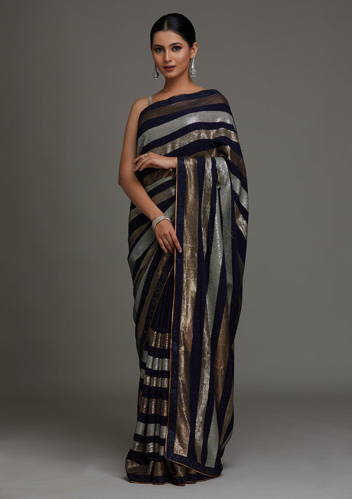 Navy Blue Sequins Georgette Saree - Koskii