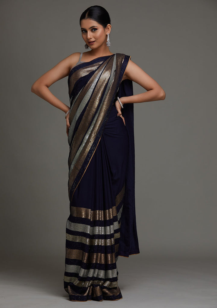 Navy Blue Sequins Georgette Saree - Koskii
