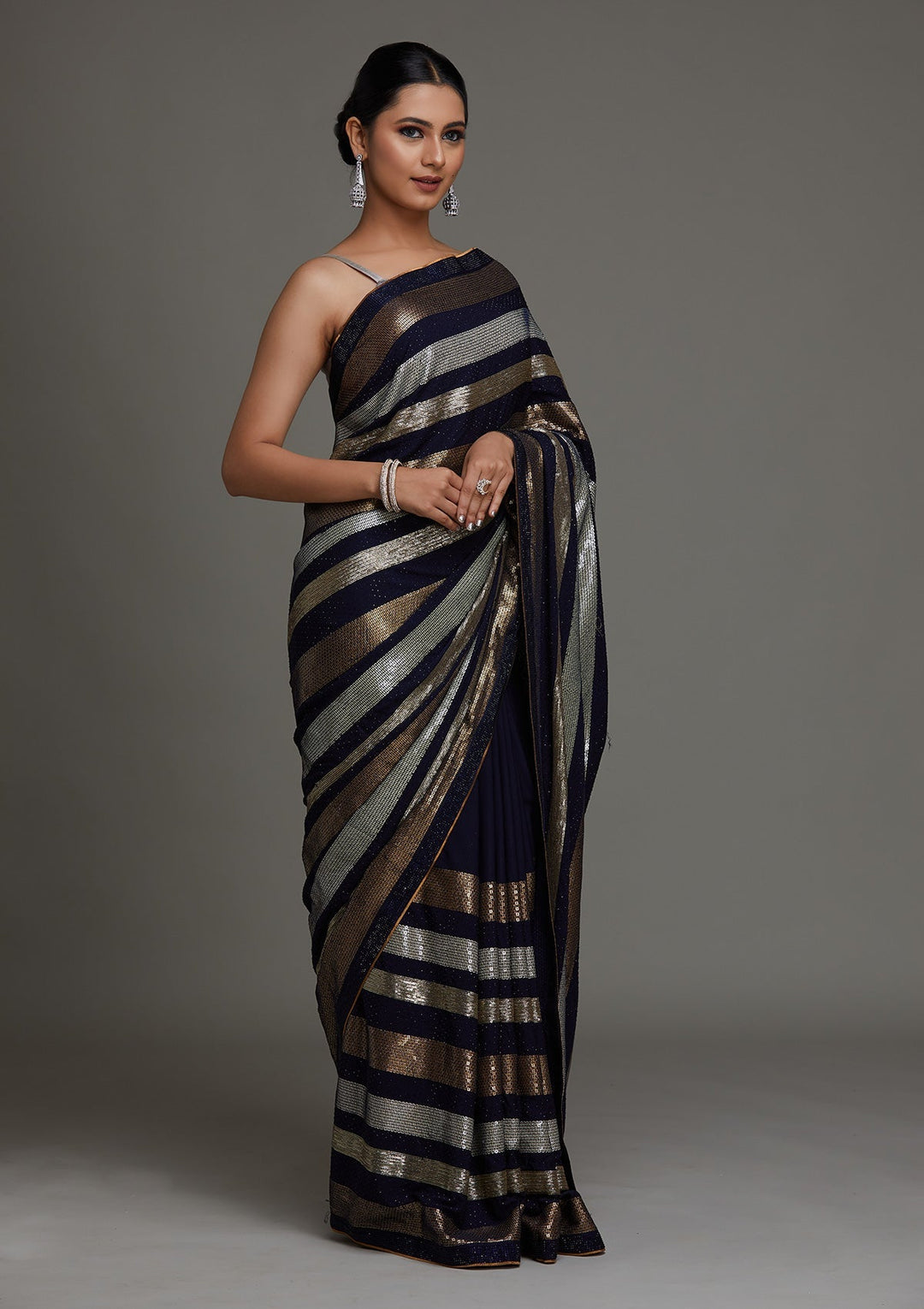 Navy Blue Sequins Georgette Saree - Koskii