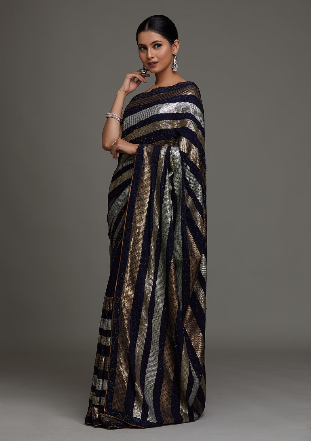 Navy Blue Sequins Georgette Saree - Koskii