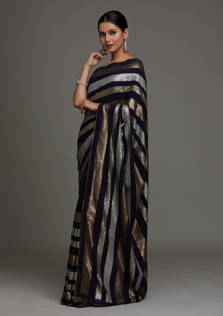 Navy Blue Sequins Georgette Saree - Koskii