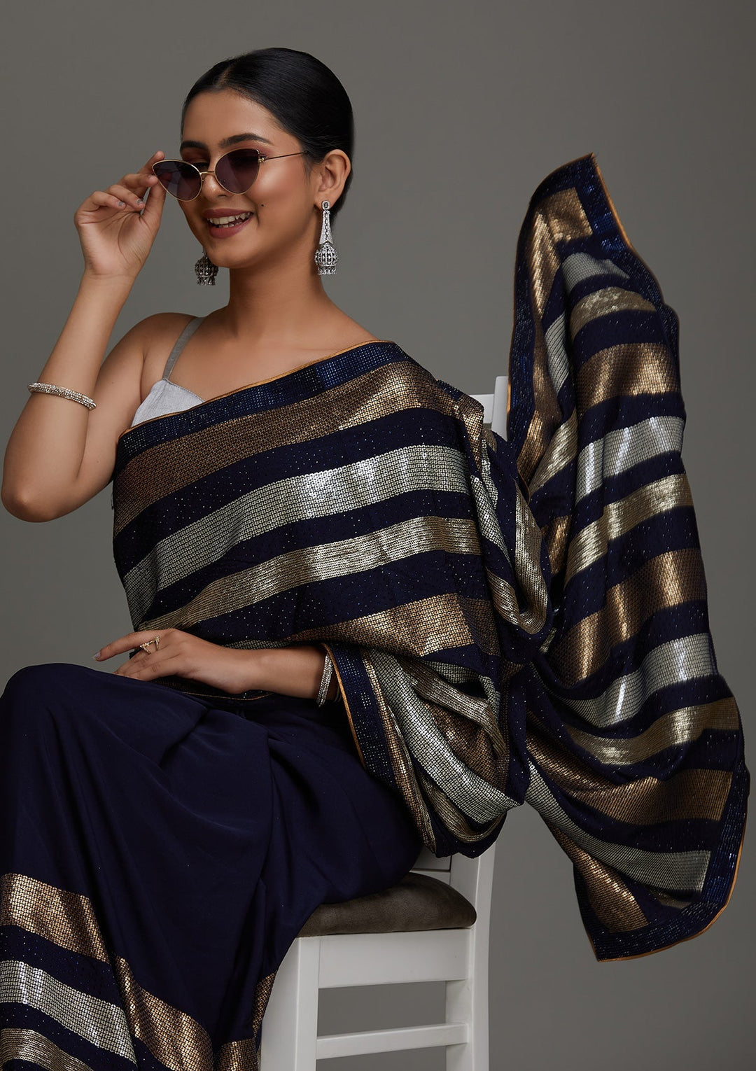 Navy Blue Sequins Georgette Saree - Koskii