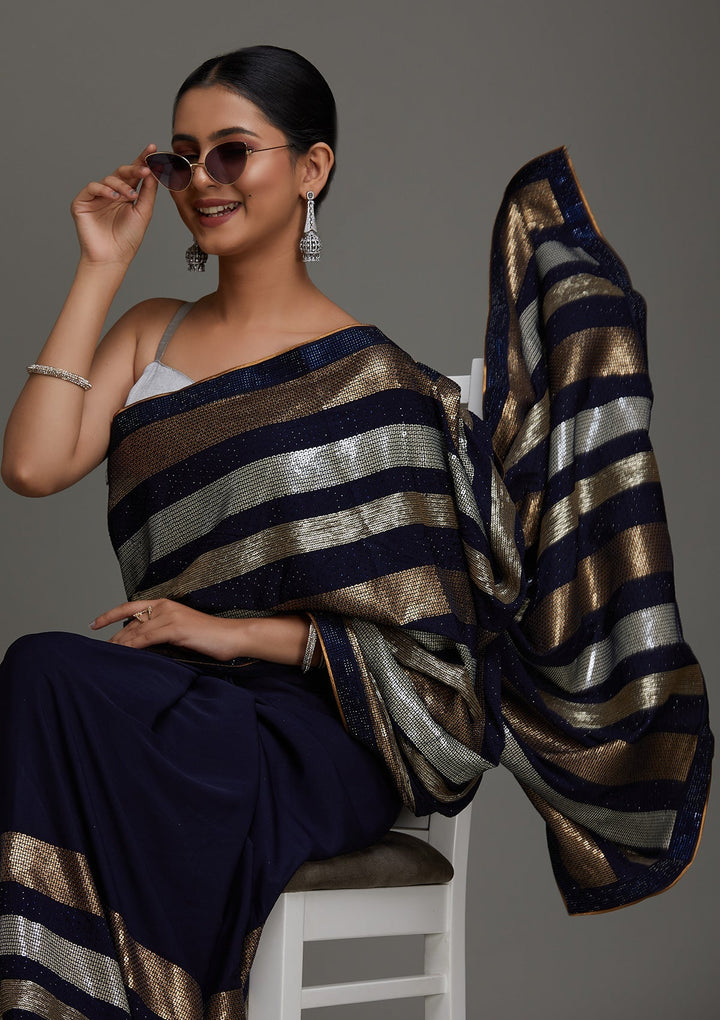 Navy Blue Sequins Georgette Saree - Koskii
