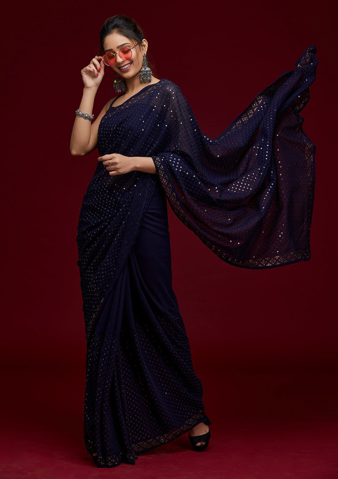 Navy Blue Sequins Georgette Saree- Koskii
