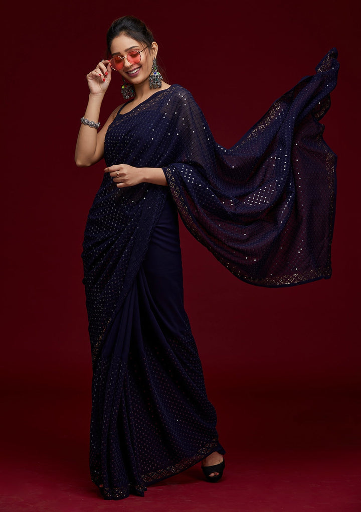 Navy Blue Sequins Georgette Saree- Koskii