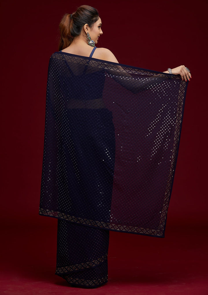 Navy Blue Sequins Georgette Saree - Koskii
