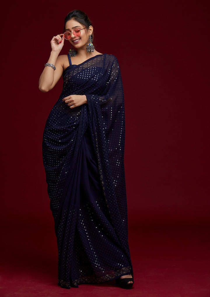 Navy Blue Sequins Georgette Saree - Koskii