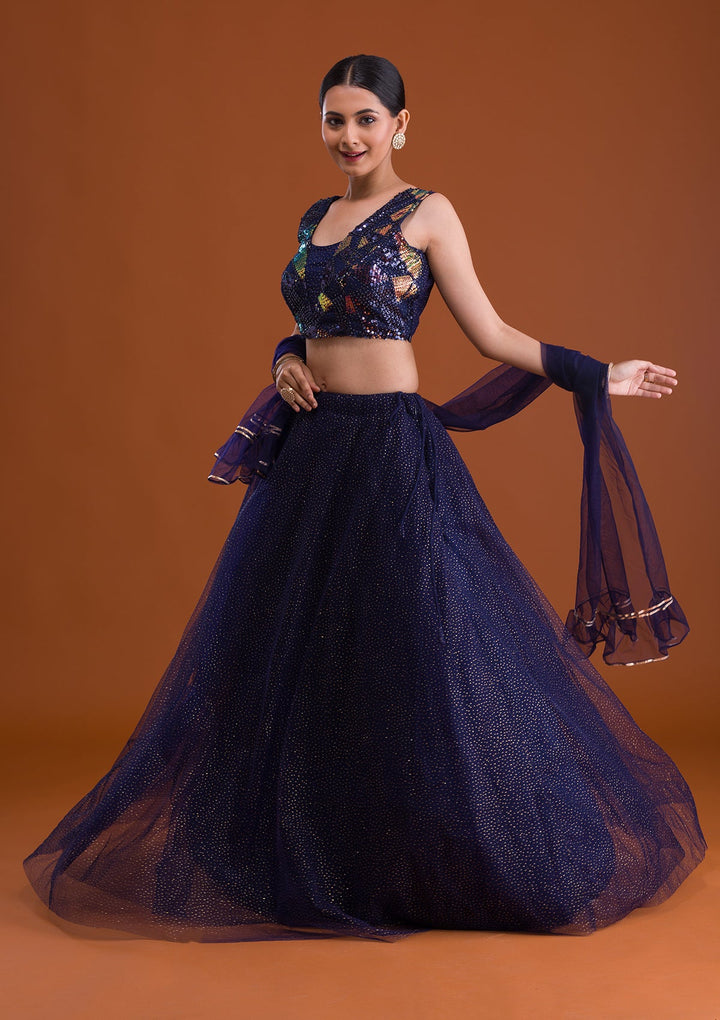 Navy Blue Sequins Net Designer Lehenga-Koskii