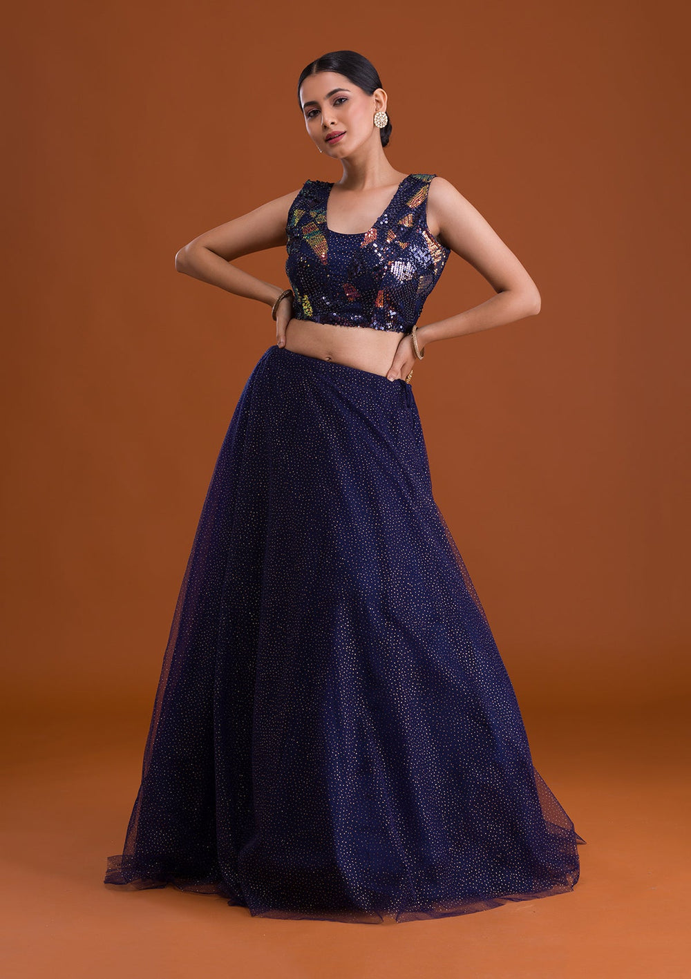 Navy Blue Sequins Net Designer Lehenga-Koskii