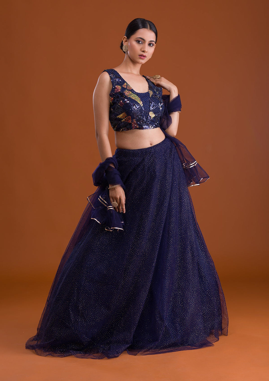 Navy Blue Sequins Net Designer Lehenga-Koskii
