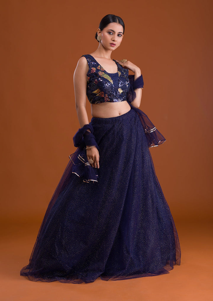 Navy Blue Sequins Net Designer Lehenga-Koskii