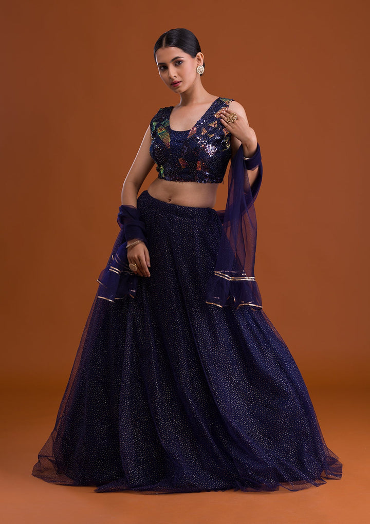 Navy Blue Sequins Net Designer Lehenga-Koskii