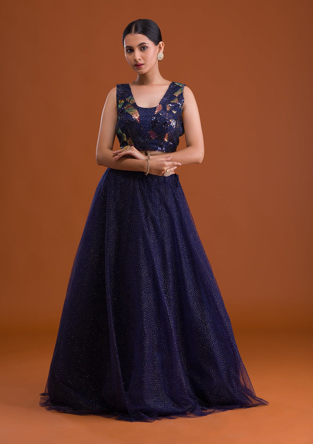 Navy Blue Sequins Net Designer Lehenga-Koskii