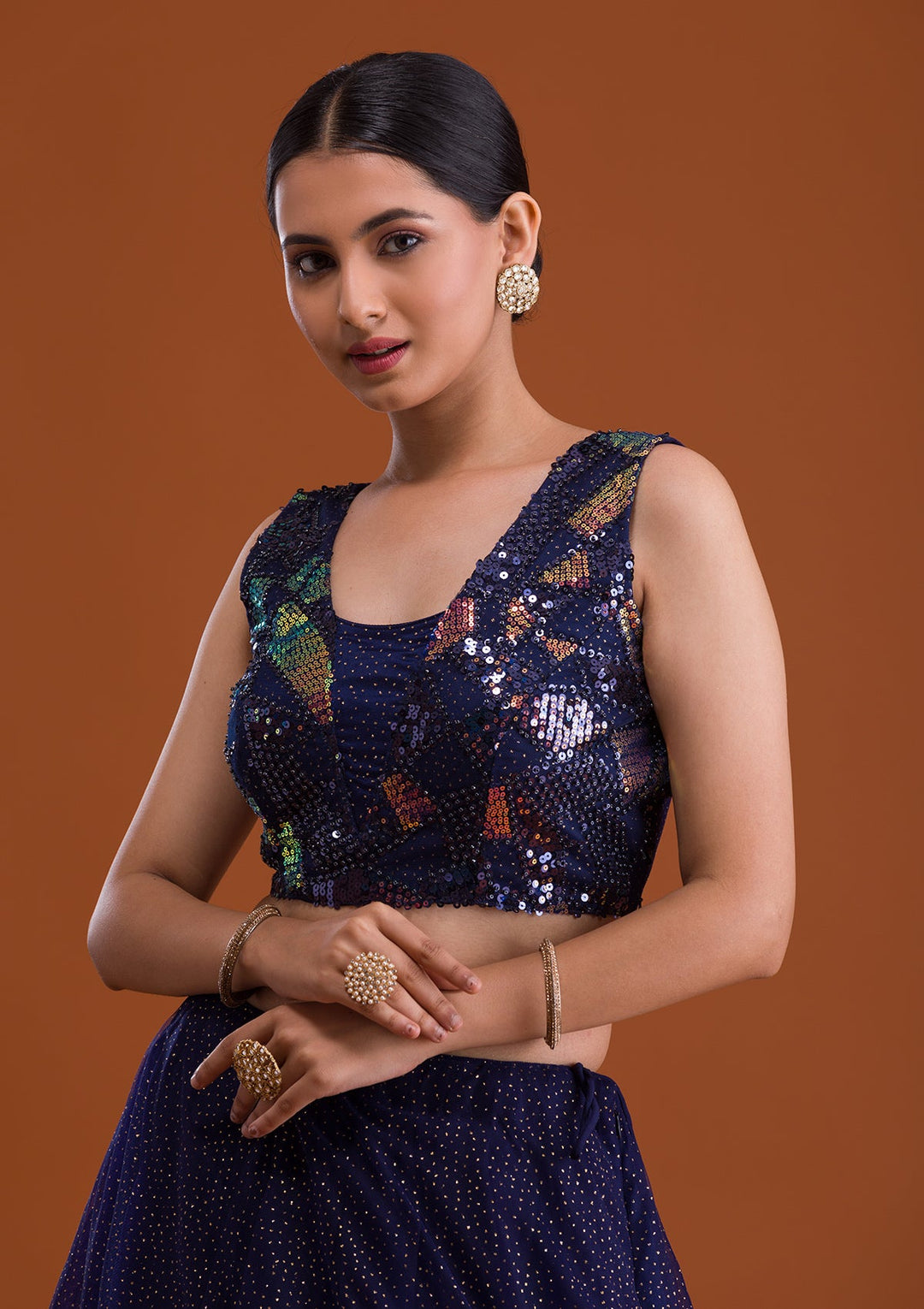 Navy Blue Sequins Net Designer Lehenga-Koskii