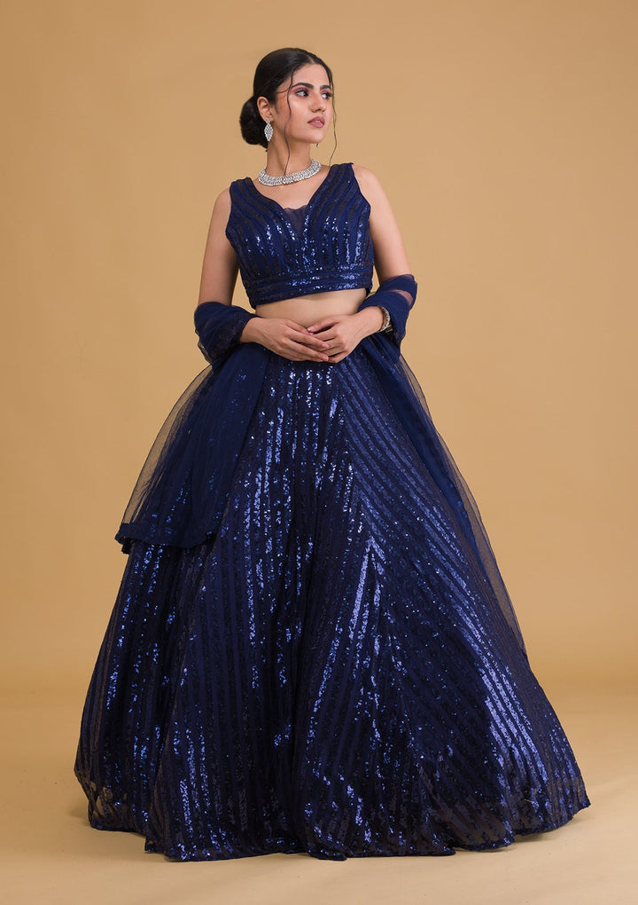 Navy Blue Sequins Net Designer Lehenga-Koskii