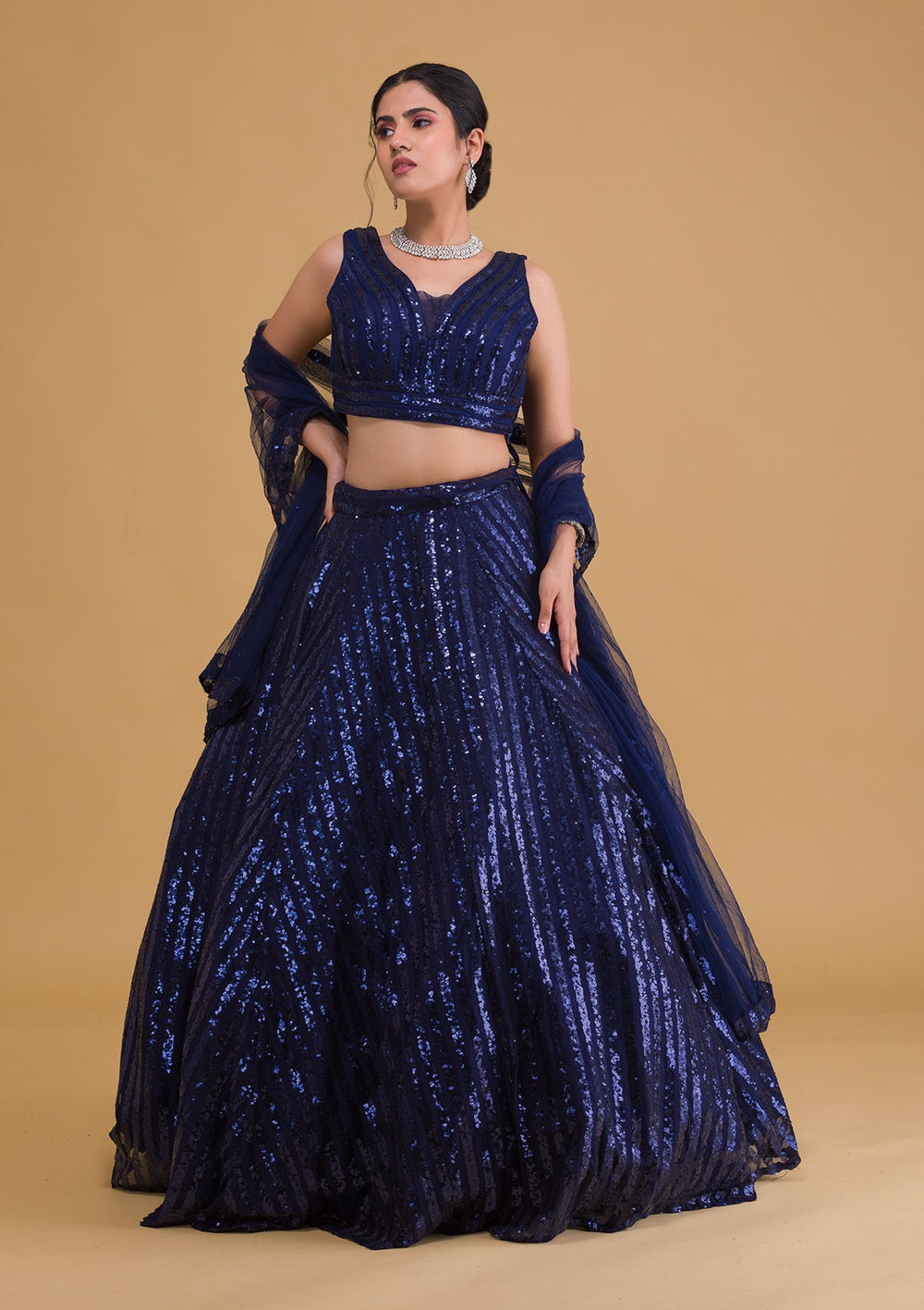Navy Blue Sequins Net Readymade Lehenga-Koskii