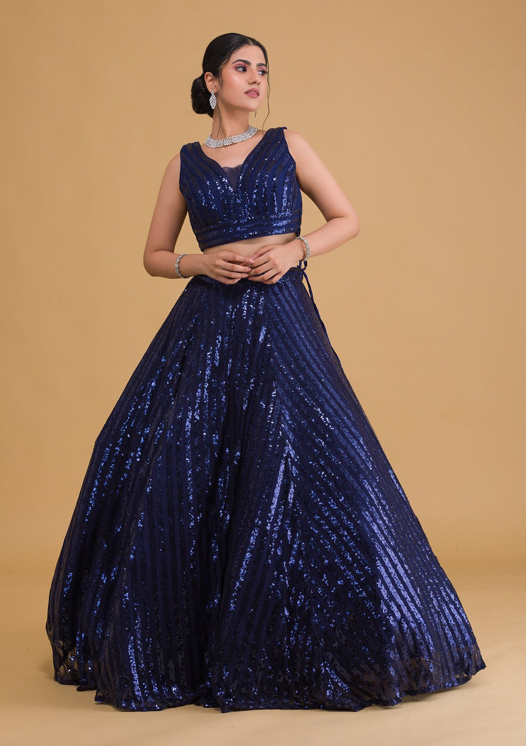 Navy Blue Sequins Net Readymade Lehenga-Koskii