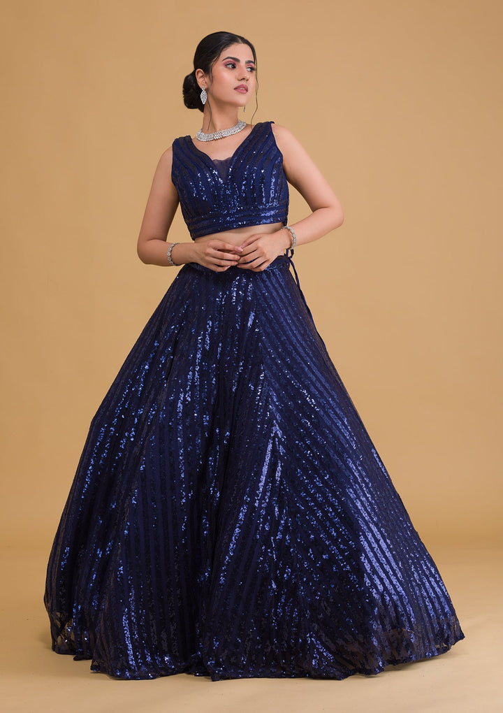Navy Blue Sequins Net Readymade Lehenga-Koskii