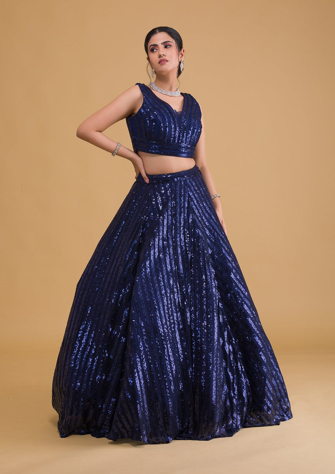 Navy Blue Sequins Net Readymade Lehenga-Koskii