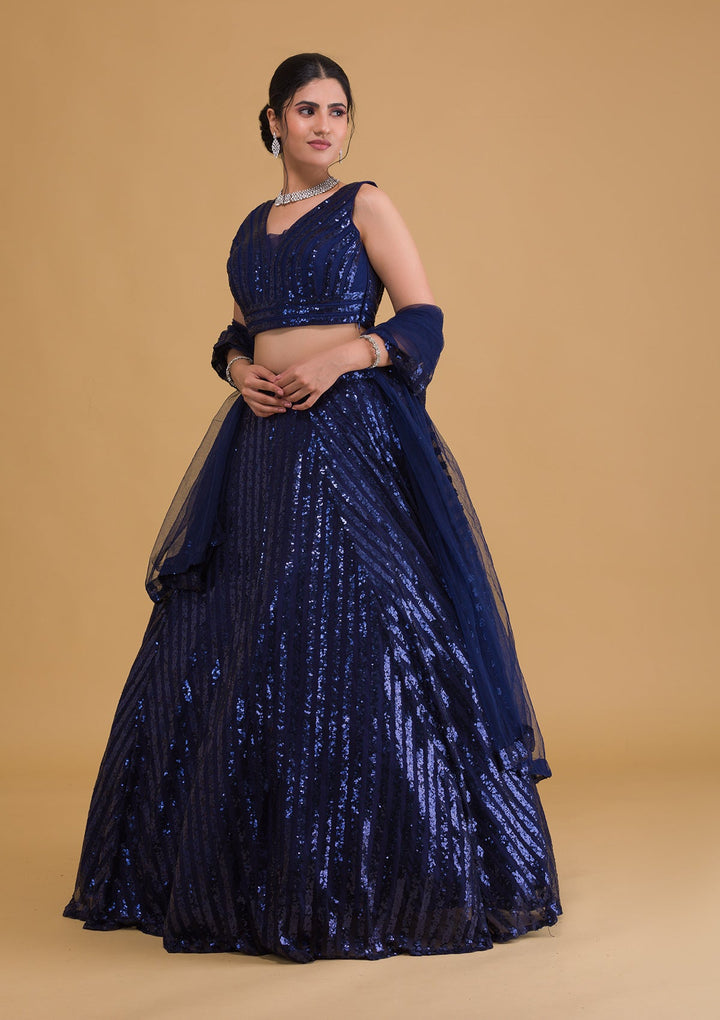 Navy Blue Sequins Net Readymade Lehenga-Koskii