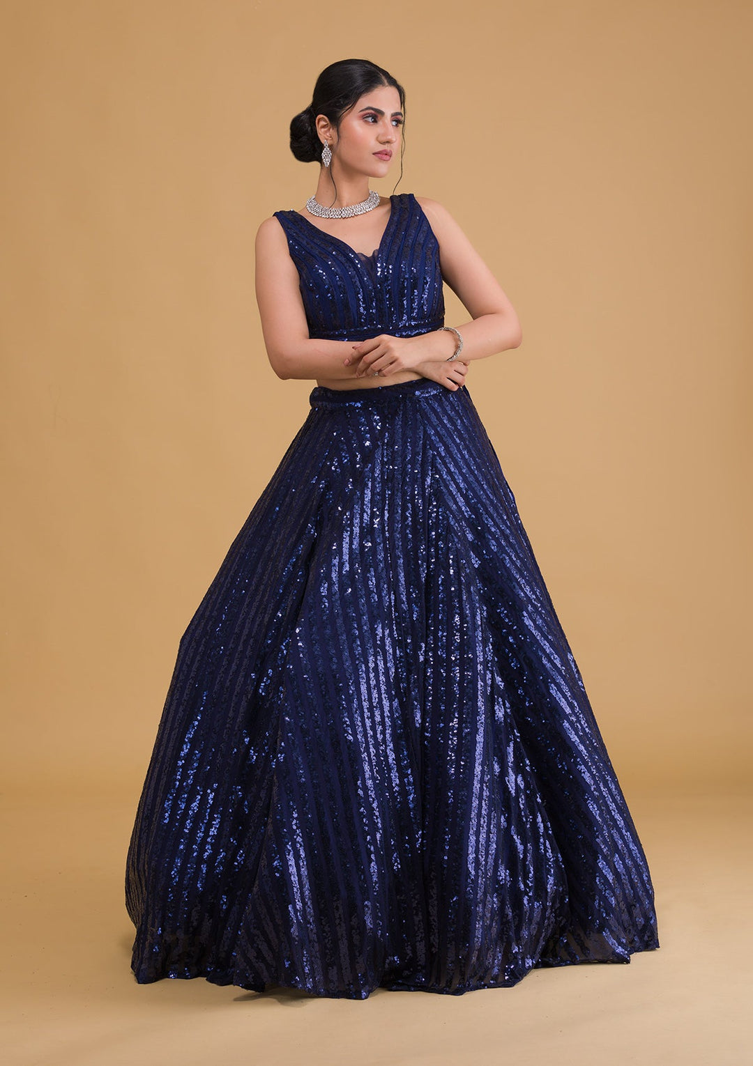 Navy Blue Sequins Net Readymade Lehenga-Koskii
