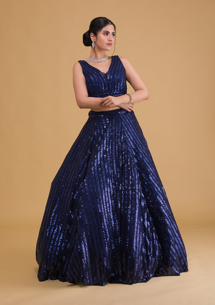 Navy Blue Sequins Net Readymade Lehenga-Koskii